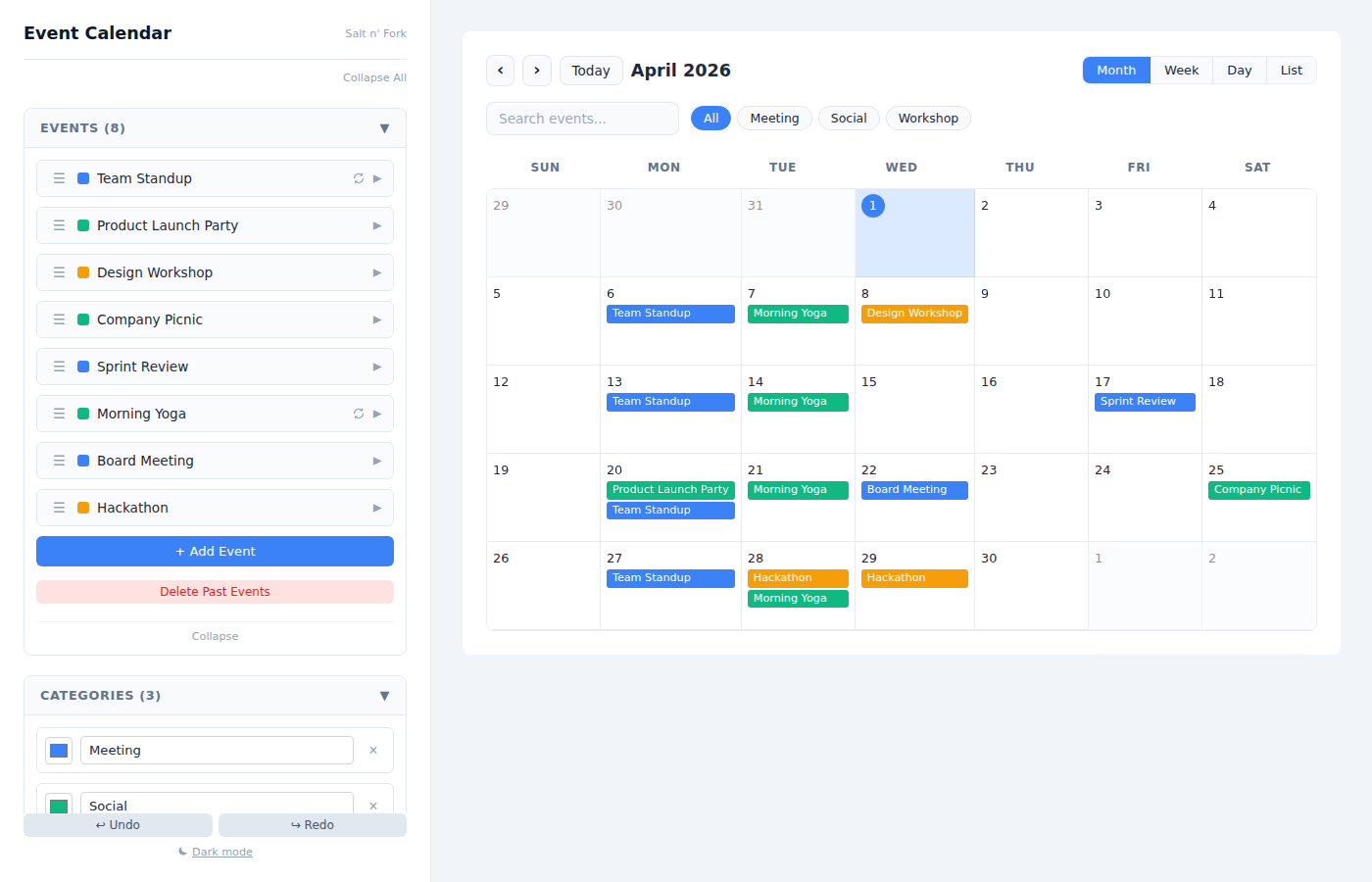 Event Calendar Widget preview showing monthly calendar view with color-coded events, category filters, and admin panel
