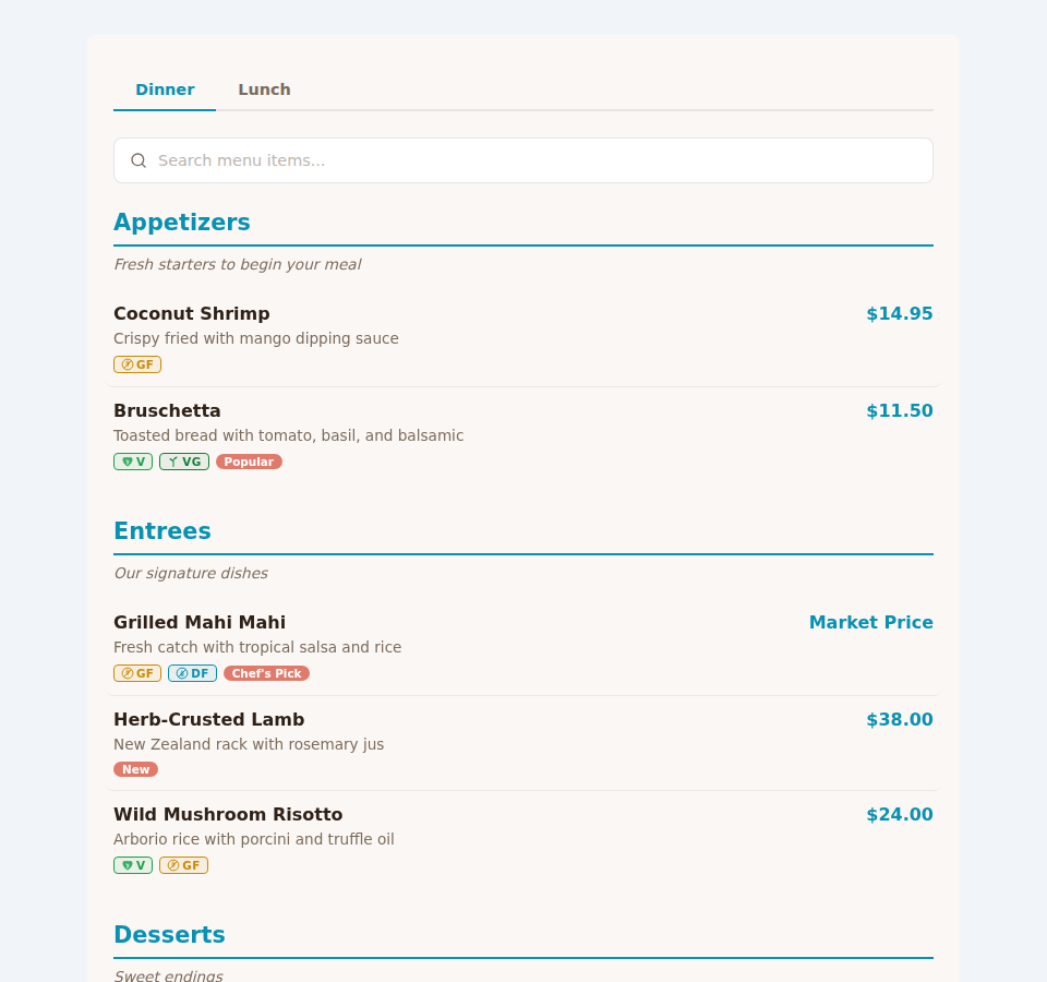 Restaurant Menu Widget preview showing menu tabs, search bar, dietary tags, and prices
